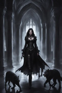 Beautiful gothic woman walking at darkness palace follow behind surrounding werewolves