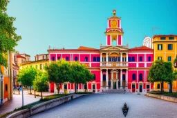 City hall harbour ,Vignola classicism ,palladio,uphill road building ,Various colourful city,A beautiful,liveable street with beautiful Human scaled,mid raise building,green building,plants,tree,stairs,detailed facades,Eye level,hyperrealistic,photorealistic,4k