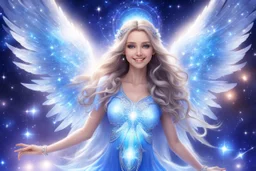 angel cosmic women with long hair, light eyes and blue brightness tunic, with a little sweety smile, with big crystal wings, in a background of stars and bright beam in the sky