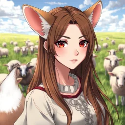 an arrogant, confident young woman with long brown hair, red eyes, pale skin, corgi ears and tail, anime style, sheep in a field for the background, intricately detailed, high definition, 4k, photorealistic