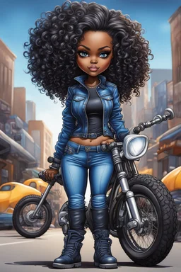 create an airbrush illustration of a chibi cartoon voluptuous black female wearing a blue jean outfit with biker boots. Prominent make up with hazel eyes. Extremely highly detail of black and blonde tight curly hair. Background of a bike show.