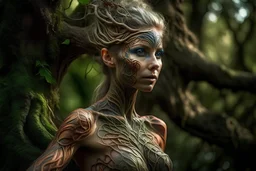 "stunning beautiful lady who camouflages herself with her skin like a chameleon in a fairy tree intricate details, HDR, beautifully shot, hyperrealistic, sharp focus, 64 megapixels, perfect composition, high contrast, cinematic, atmospheric, moody", highly detailed digital painting artstation concept art sharp focus smooth elegant illustration intricate 8k ray tracing and h.r. giger