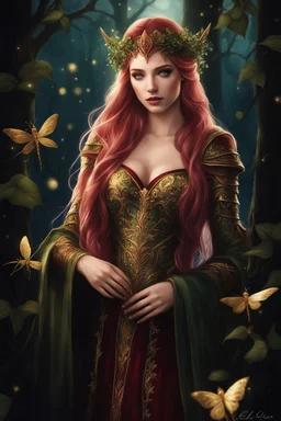 Burgundy hair, dark hair,dark red , rapunzel hair,very long hair,dark fairy princess,elven crown,night,dragonflies,beautiful,ong ashes,golden armor ,sparkle,night blooming,ivy,dark green,lilly of valley,golden elven crown,elven warrior,dark gold armor