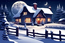 Image of a snow scene at Christmas. There is a cottage with smoke coming from its chimney. It's at night with a big moon that is shining bright.