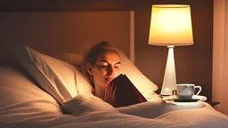 woman in bed with a bedside lamp and a cup of tea on the bedside table