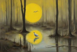 prompt: a surreal painting of a thin man standing in a swamp, large weird bird in swamp, trees, birds flying, yellow moon, Arthur Boyd style, --ar 16:9 Arthur Boyd was a leading Australian painter whose work ranges from impressionist renderings of Australian landscape to starkly expressionist figuration.