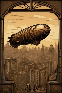 A steampunk zeppelin hovering over a cityscape as seen from an art deco window