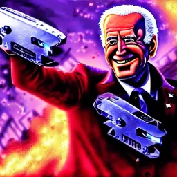 CRAZY Joe Biden caricature, cyberpunk, landscape, transformers, hi-tech robots, GUITARS, cinematic, highly detailed, close up, 4k, deep colors, gold, fire, red, purple, dark, ethereal, utopia, apocalypse, flying Cadillac, from outer space.jpeg