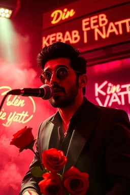 An spanish Guy with big eyes "Enrique" performing at dance club, his name is "Enrique" Red roses On stage, red Neon lights and smog, and "Din KEBAB I NATT" big sign on the wall, serenade under balcony, ZORRO vibes