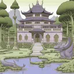 A light purple Eastern palace with a Zen garden and a draconic chameleon painted by John Brack