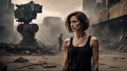 ducking beautiful slender caucasian female technician with a knife, looking away from camera, black tank top, well toned muscles, weathered face, scratched sand camo metal details, short brunette wavy bob haircut, dystopian, postapocalyptic city scene with smoke and explosions. giant robot in the background