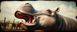 airbrush and pen outline, close up on hippo horse monkey farm , pinhole cam, airbrush 3d rendering, in the style of Titian and Rembrandt , torn edges on border