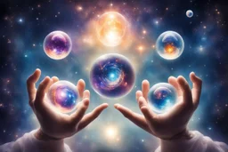 kundalini, connected to the universe, few colours of galaxy, holding galaxies in few hands in glass balls