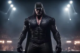 Undertaker wwe in a mega cool Black iron super suit with on his arms and shoulders, hdr, (intricate details, hyperdetailed:1.16), piercing look, cinematic, intense, cinematic composition, cinematic lighting, color grading, focused, (dark background:1.1)