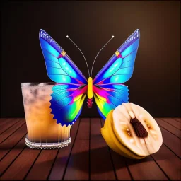 makrophoto butterfly, ancient, magic,on dark wooden table with drinking glass, banana, hairy hand, 4k, photorealism