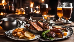 142857, delightful, sensitive, delicious food, banquet, pewter tankards and pewter plates, pewter mugs, pewter cups, beer, ale, confident, night, darkness, architecture, filled with delicious food, splendid roasted meat, award-winning photograph, beautiful composition, chiascuro