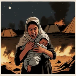 A Palestinian woman wearing the Palestinian dress carries her dead son as she screams and cries at night, with explosions in refugee tents behind her.