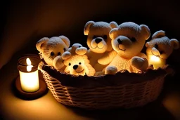 Cute but quirky stuffed animals lie in a carved basket on a soft sling, by candlelight