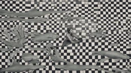 A surreal underwater scene with a mermaid-like figure swimming amidst a checkered pattern background, with a fish and other aquatic