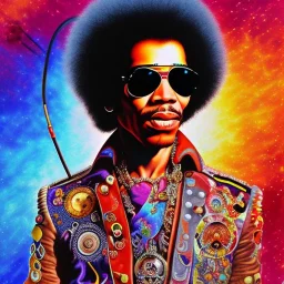 a realistic picture of Jimi Hendrix at a turntable with headphones on being a DJ, vivid color, with sunglasses, psychedelic trippy art, with UFOs in the background