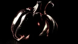 Image is a black and white, close-up photograph of a bell pepper. The composition focuses on the pepper's unique, twisted shape, highlighting its smooth, glossy surface with dramatic lighting that creates stark contrasts and deep shadows. The pepper's surface appears shiny, with light reflecting off its curves, emphasizing its organic form. The background is completely black, which enhances the pepper's texture and form, making it the central subject of the image. The absence of color draws atte