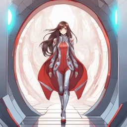 A confident woman with long brown hair and red eyes, stepping out of a portal wearing futuristic clothes, colored manga style, intricately detailed