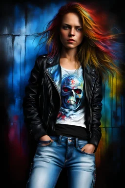 facial body Portrait - digital photograph, chiaroscuro, extremely colorful, vibrant, lifelike, 20th century masterpiece, rich deep colors, highly detailed portrait, beautiful, extremely gorgeous Milly Alcock wearing a black leather biker's jacket, a black "Iron Maiden" T-shirt, Blue Jeans, black Converse sneakers, absolute reality