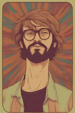 Hippie young man with strange face with aspect of cat in his 40s with Parisian bohemian look and glasses of colours and poor and short short hair on the head with receding hairline. Farsightedness glasses with big eyes. Long beard. Vintage look and feel like photos of the 70s