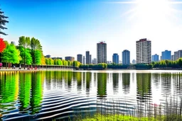 Sunny day, distant modern city, lake, lake reflections, people