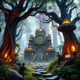 Scene from a modern fantasy action movie featuring the "Garden of Practicality", the Clockwork Forest Realm of Ix Chel, Cyberpunk style. Coloring similar to Lord of the Rings movies.
