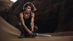 beautiful anorexic caucasian female technician, black tank top, well toned muscles, weathered face, scratched sand camo metal details, short brunette wavy bob haircut, dystopian, desert scene, pulling a knife