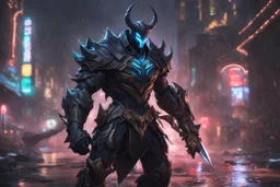 Hecarim venom in 8k solo leveling shadow artstyle, machine them, mask, close picture, rain, neon lights, intricate details, highly detailed, high details, detailed portrait, masterpiece,ultra detailed, ultra quality