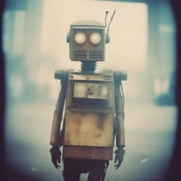 steampunk, vintage analog polaroid of a woman robot, female body, fog, lomography, heavy film grain, night, color bleed, depth of field, bokeh, retro, saggy granny woman, abandoned sci-fi town, future, sci-fi