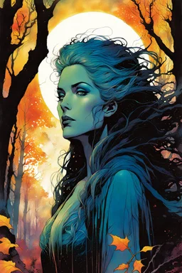 create a wildly conceptual print illustration of sorceress with highly detailed hair and feminine facial features, in an ethereal, otherworldly ,ancient autumn forest , in the comic book art style of Bill Sienkiewicz, Mike Mignola, Sparth, and Jean Giraud Moebius, finely drawn, colored, and inked, suffused with dramatic natural light and shadow of sunset