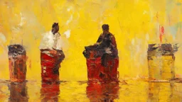 minimalist acrylic impasto painting of two skinny tall young black Somali neighbors sitting on rusty oil barrels drinking steaming coffee, wide angle, dynamic crude brush strokes, dusty yellow heat mood, peaceful vibe, tribal vibe, amazing reflections, amazing verticals, great parallels, warm shades of yellow, orange, green and black with sparse deep red leaks, afrofuturism, vibrant nighthawk people on a black wall, rusty village decay, arafed doors