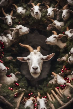 Christmas tree but with goat heads as decorations, the perspective looking up from the bottom of an empty well ,8k,macro photography,