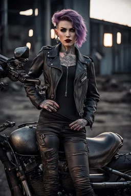 tattooed vampire girl showing fangs with short cropped curly cyberpunk hair in motorcycle leathers in an abandoned steel refinery at dusk