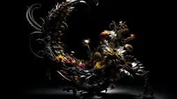 create a 4k image of a hybrid sculpture that is a mix of an exotic flower and metal, intricate detail, long dragontail-like shapes, the sculpture floats in black space