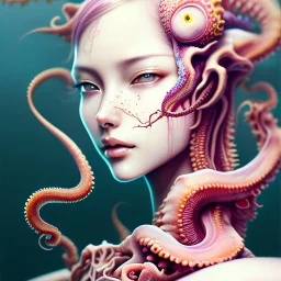  Asian woman, leaning pose, octopus, pink short hair, latex suit, style <Yoji Shinkawa>, Bones, watercolor illustration by <agnes cecile> squid, intricate detail , portrait, high lighting, Gradient background, full body,