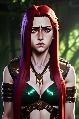 hyper realist, hyper detailed, stunningly beautiful 13 year old teen girl, long ginger hair, green eyes, medium freckles, full lips, revealing leather armour, full body and head, a-cup breasts, stern expression, full frame, petite, ignore NSFW