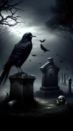 Art, fantasy,dark,scary, gathering,Gothic cemetery , a crow on a grave