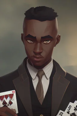 Dashing black man in a suit, holding a deck of cards.