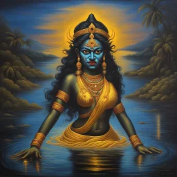 An oil painting of goddess Kali crossing a lake, neon gold colors, high detail eyes,