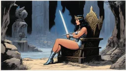 colour illustration Sword of Conan #22 Pin-Up Illustration Original Art (Marvel, 1977) Ernie Chan Savage as the dark Lady Helena Whispers sits upon her ornate throne. the poor farmer woman knelt before her, her eyes downcast in a mixture of fear and defiance.