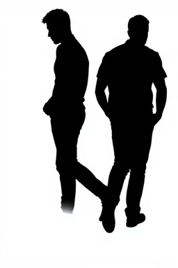 black silhouette of two men, one tall and muscular, the other shorter and thin, walking away from the camera on solid white background
