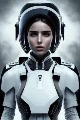 Ana de Armas, identical features, Black intergalactic pilot suit, portrait, bright white eyes, wearing high tech pilot breathing mask, beautiful face, white smoke, dark, rage, sorrow, high definition, ultra 8 k, volumetric lighting, blue fire, fog