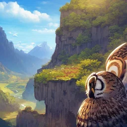 Landscape Ikoria Mountains with robed humble owl in the middle of the frame