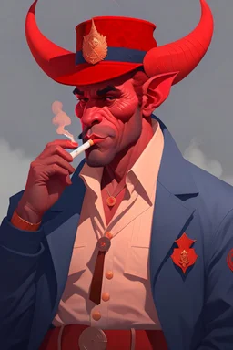 A red tiefling wearing a police comisioner outfit smoking a cig.