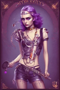 Singer Danish MØ cute in style steampunk, purple tones, high lighting