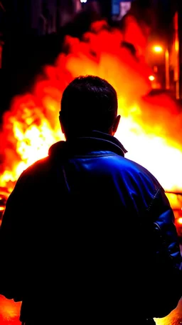 Man in a black bomber jacket, back to the camera, looking down a street, watching an explosion of fire and lights in front of him.